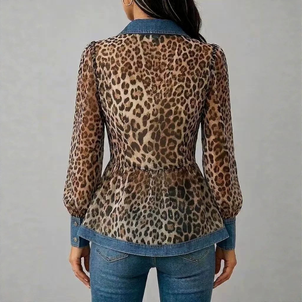 New Womens Leopard-Print Patchwork Denim Long-Sleeve Shirt