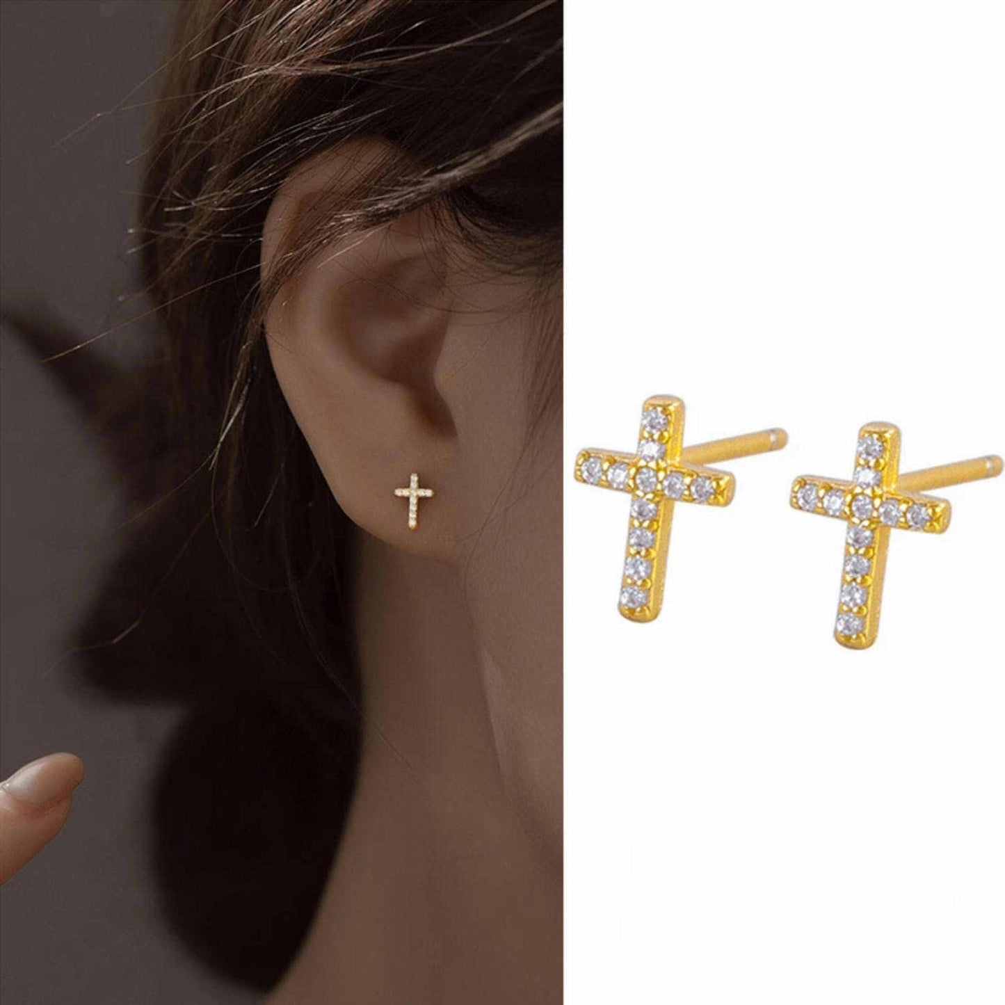 Womens Fashion Zircon-Encrusted Fully Diamond-Set Cross Stud Earrings
