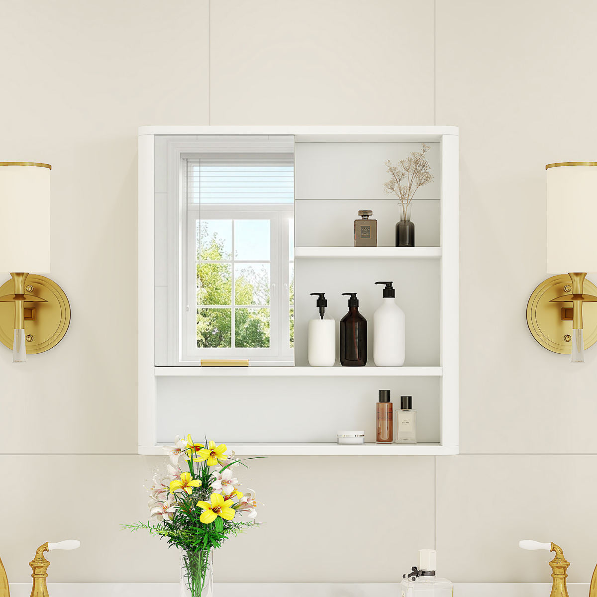 Modern Bathroom Mirror Cabinet, Wall Mounted Storage Cabinet With Open Shelves, Waterproof Medicine Cabinet With Gold Accent, Space Saving Vanity Organizer For Bathroom, White