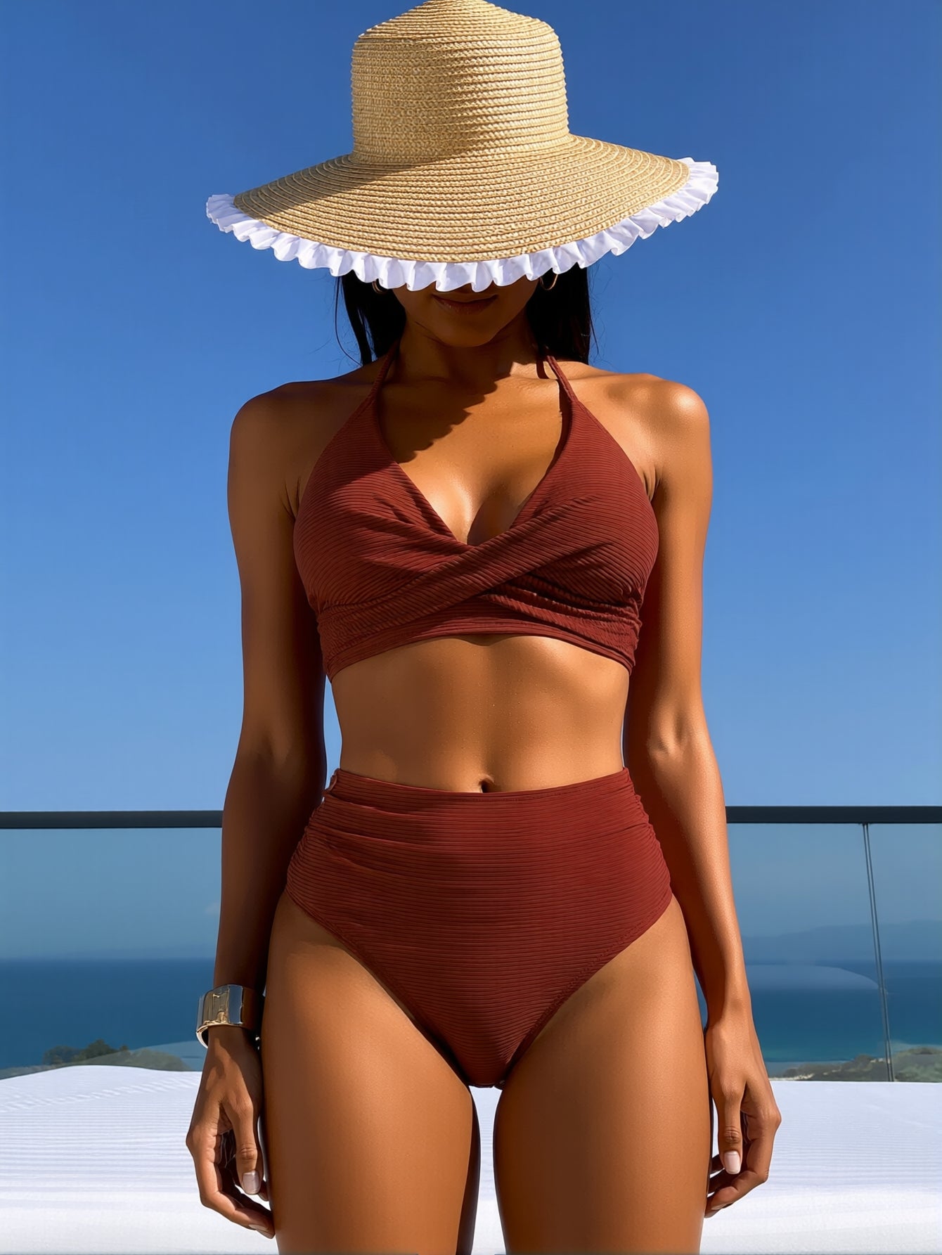 2026 New Caramel Brown Textured Halter Cross V Neck High Waist Bikini Set Women Tummy Control Slim Two-Piece Swimsuit For Beach Vacation, Retro Vibe Style