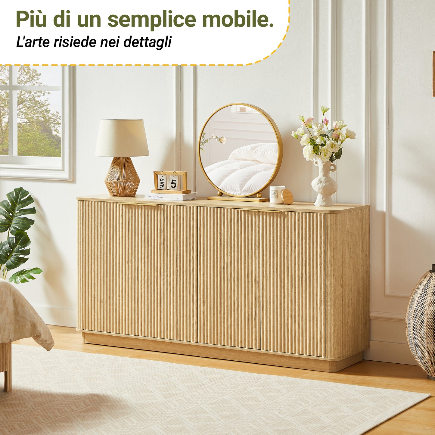 Sideboard Cabinet 160 Cm, Vertical Stripes, Curved Waveform Design, With Storage Space, TV Base Cabinet, For Bedroom, Living Room, Hallway, 160x80x40 Cm, Oak Decor