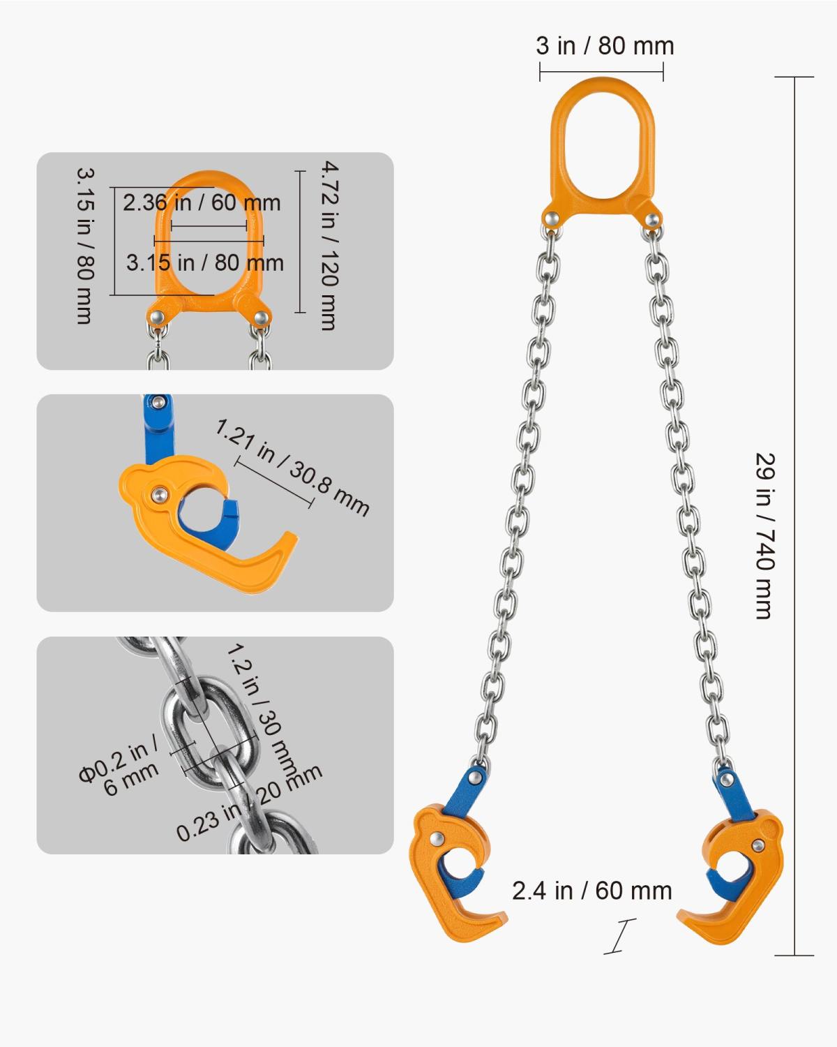 Chain Drum Lifter, G80 Drum Lifting Chain Sling With Thickened Security Hook, 2000LBS Capacity, 1.6ft Long Sturdy Drums Handling Equipment, Carbon Steel Barrel Lifter For Plastic & Metal Drums