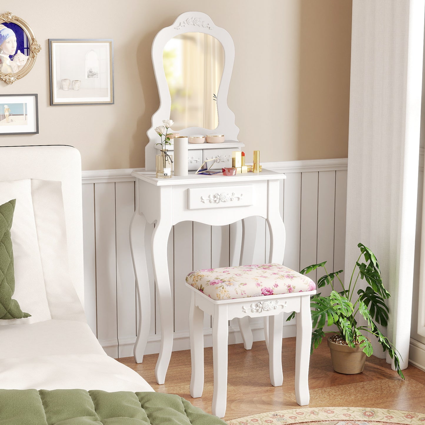 Makeup Dressing Table And Bench 3 Drawers And Cushioned Stool For Girls-White