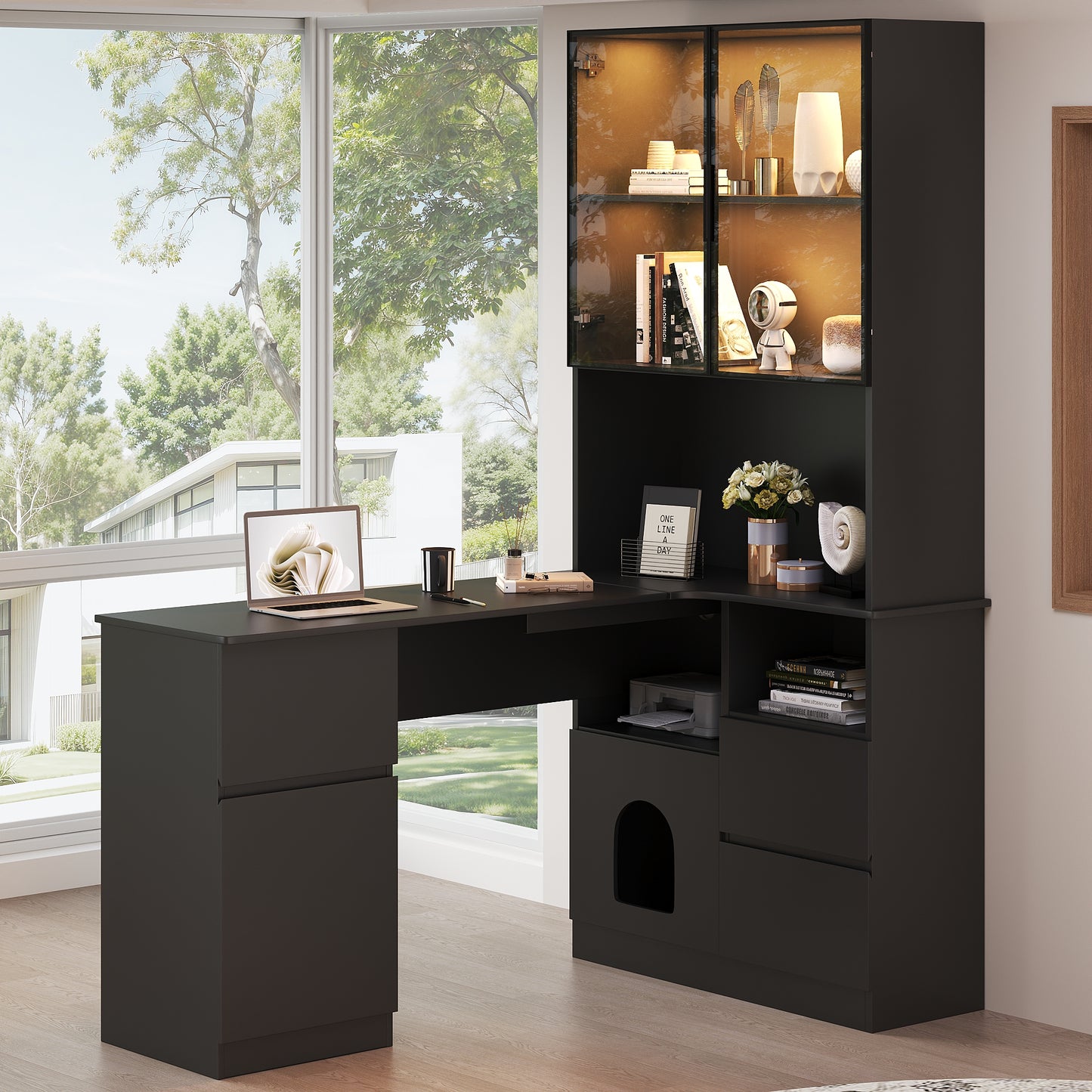 Corner Desk With Shelf And LED Display Cabinet 120x80x180 Cm- Desk With Cable Outlet, 3 Drawers, 2 Doors, Open Compartments ,A Corner Desk With Built-in Bookcase