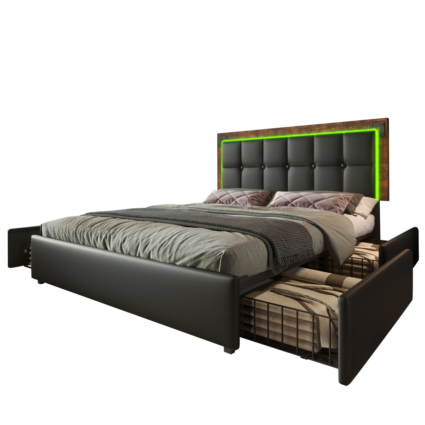 Bed Frame With LED Lighting Strip And 4 Drawers, Double Bed Upholstered Bed 140x200cm, Height-adjustable Headboard, Functional Bed, PU Black  Without Mattress