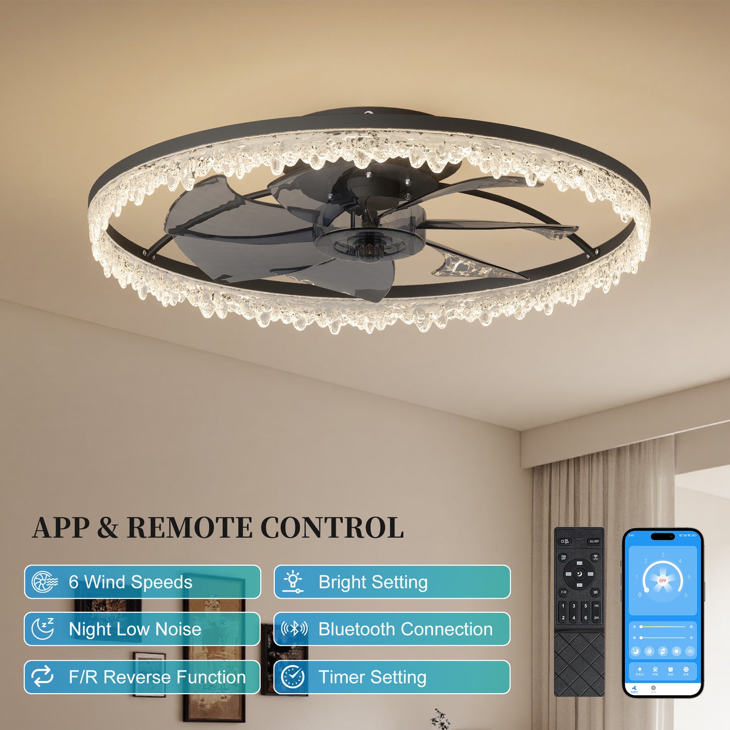 20-inch Black Smart Ceiling Fan Light With Silent Function, Multi-Speed Adjustment For Bedroom, Study Room, And Dining Room