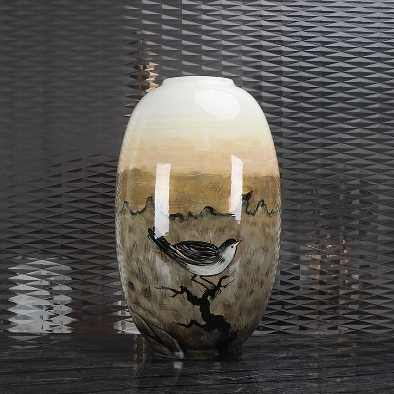 Modern Hand-Painted Floral And Bird Landscape Vase