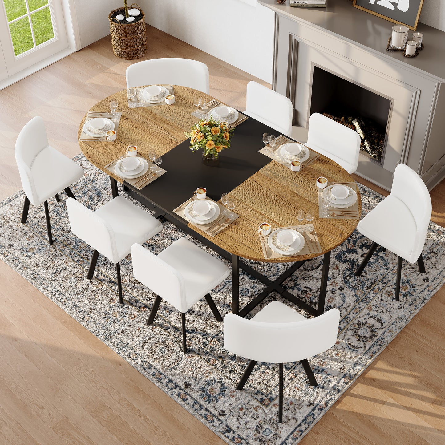 9-Piece Oval Dining Table Set, Fixed Two-Tone Wood Grain & Black Wood Grain Triamine Tabletop With 8 White PU Leather Chairs, Modern Kitchen Table Set For 8 People, Ideal For Family Gatherings
