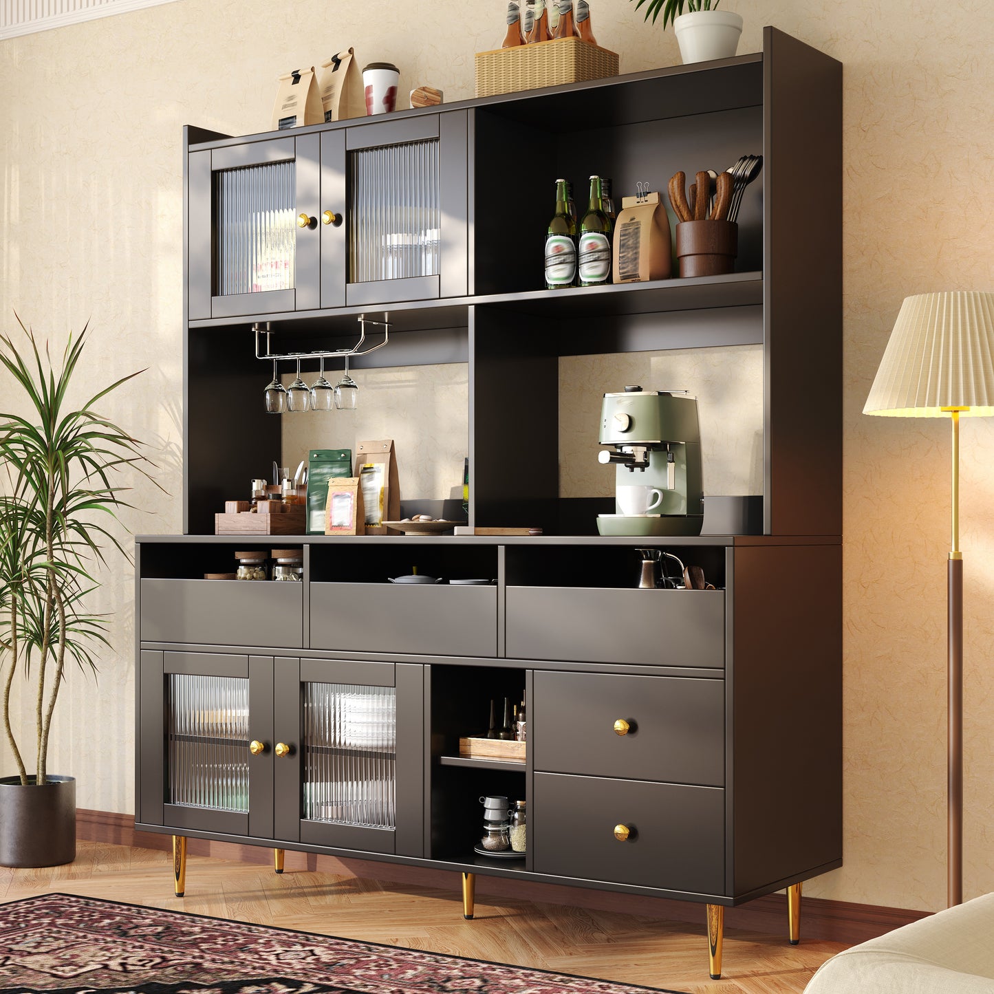 Tall Dining Room Cabinet  145 X 39 X 171 Cm  With Perforated Glass Doors, Wine Glass Shelf, Multi-tiered Storage Space, Elegant Black With Gold Decor, Suitable For Use In The Dining Room  Previous Sku