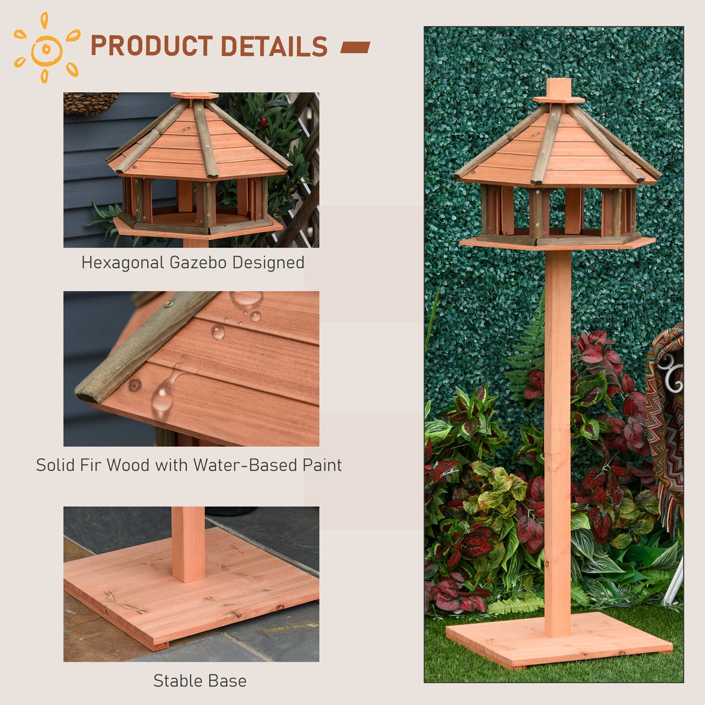 PawHut 130cm Wooden Bird Table, Feeding Station With Roof For Outdoor, Brown