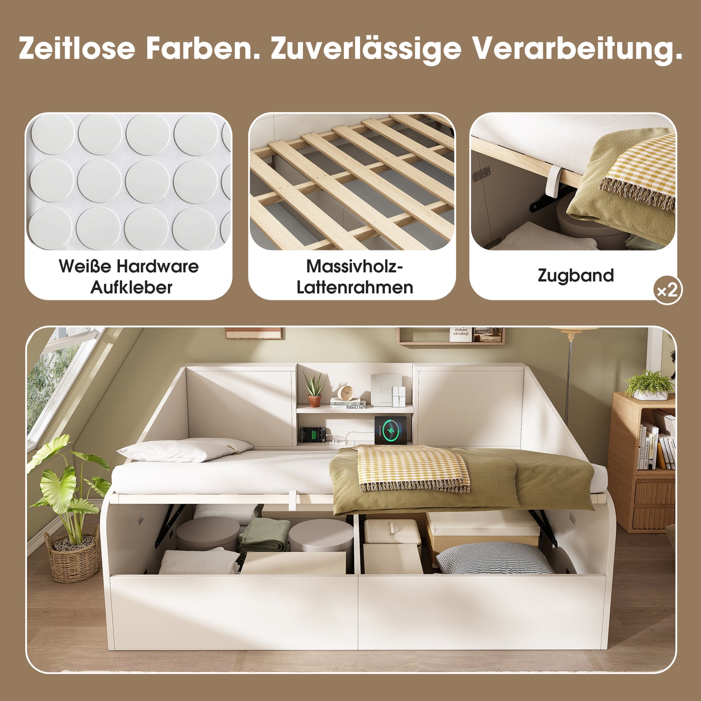 Hydraulic Daybed 140x190 Cm In White, Wooden Bed With 2 Shelves, Large Storage Space & USB-Type-C Charging Station, Slatted Frame Incl., Compact Double Bed   Without Mattress