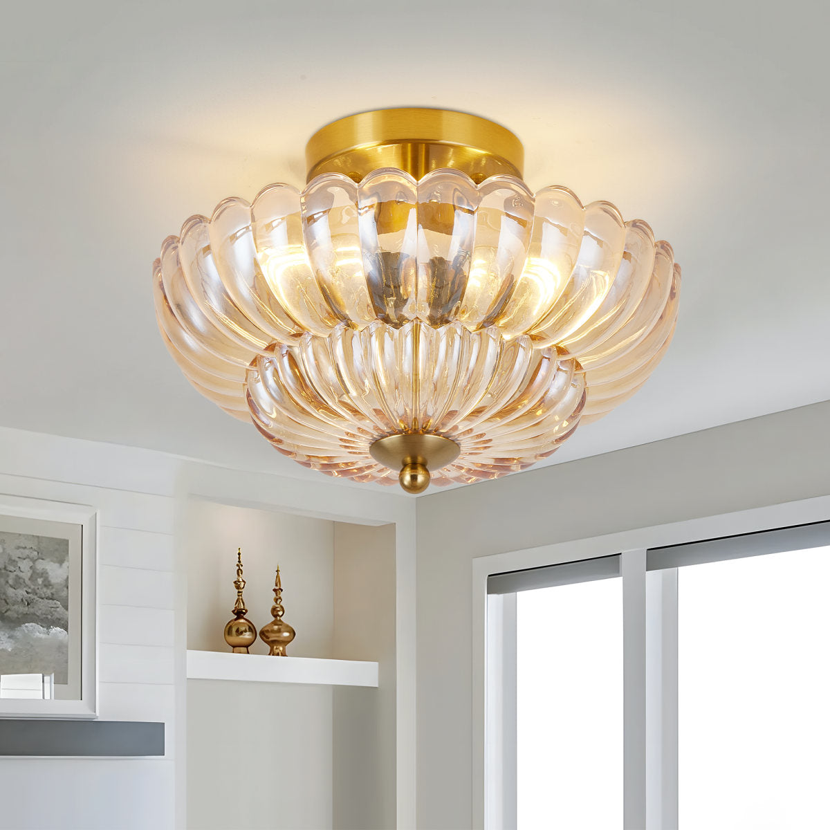 11.8 inch Semi Flush Mount Ceiling Light, 3-Light Close to Ceiling Light Fixtures with Flower Glass, Vintage Ceiling Lights for Hallway Living Room Kitchen Bedroom Bathroom, Amber