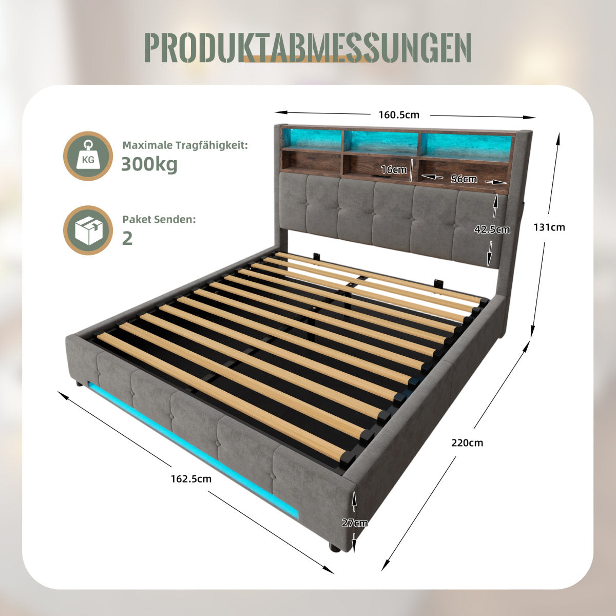 160x200 Cm Velvet Bed With Multifunctional Headboard 6 Compartments, Side Pockets, USB-C, LED, Hydraulic Function And Large, Dust-proof Storage Space Under The Bed - Practical Choice For The Bedroom.