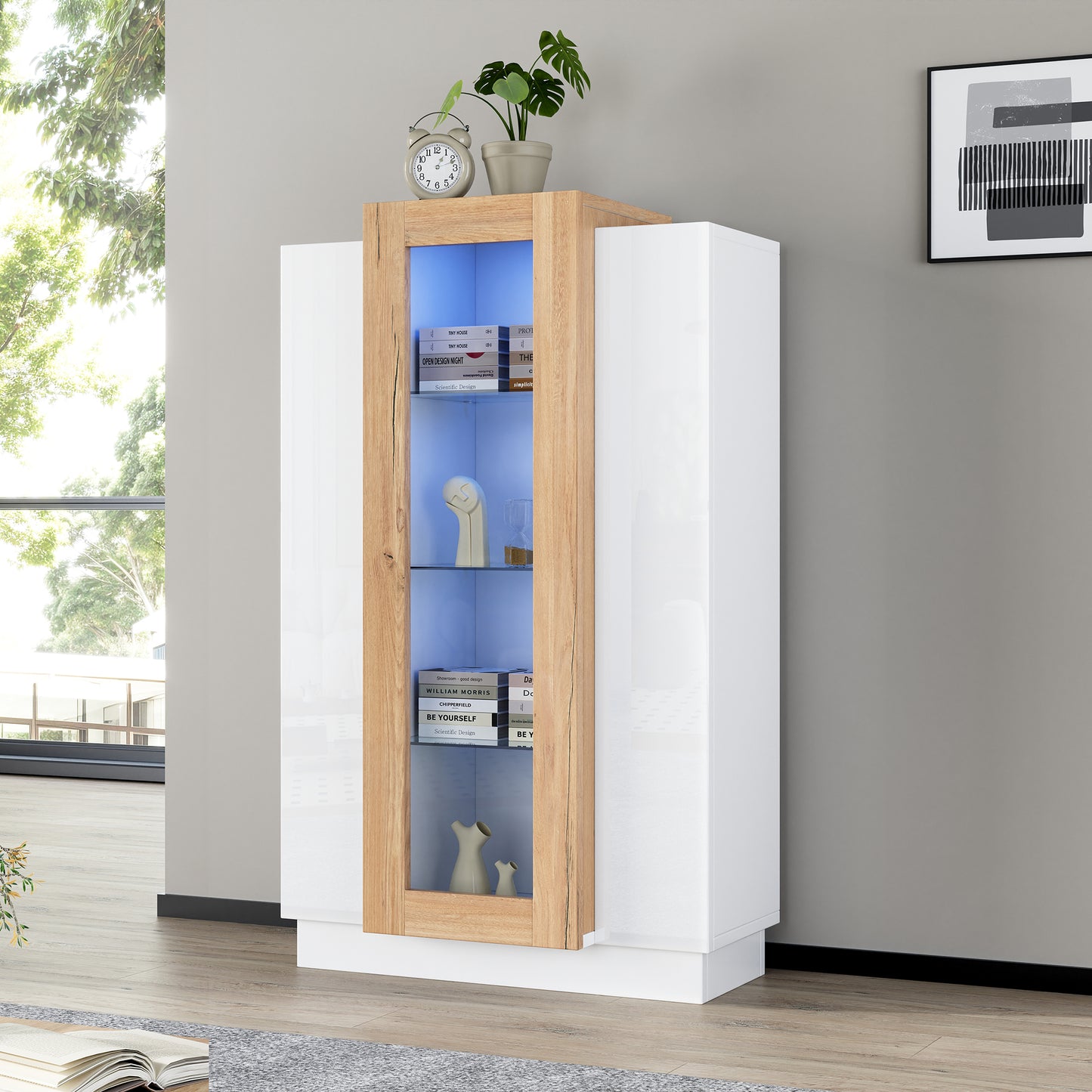 74 X 40 X 120 Cm Living Room Cabinet With 3 Doors, Transparent Doors, High-gloss Display Cabinet With LED Lighting, Bookcase With Glass Shelves And A Drawer, Freestanding Display Cabinet With A Height
