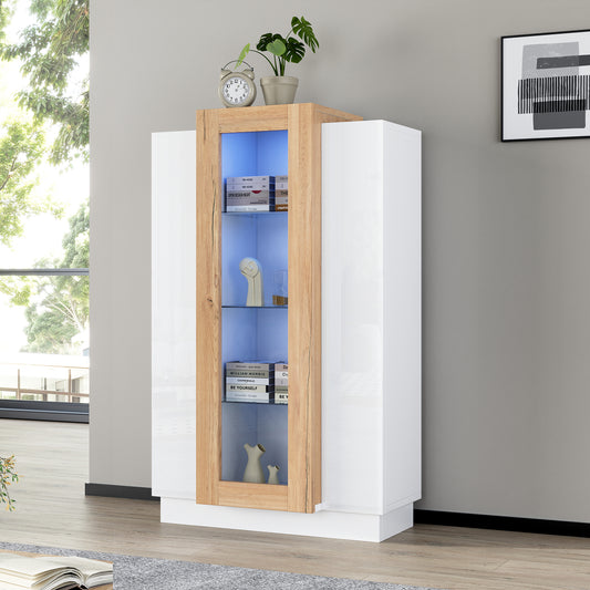 74 X 40 X 120 Cm Living Room Cabinet With 3 Doors, Transparent Doors, High-gloss Display Cabinet With LED Lighting, Bookcase With Glass Shelves And A Drawer, Freestanding Display Cabinet With A Height