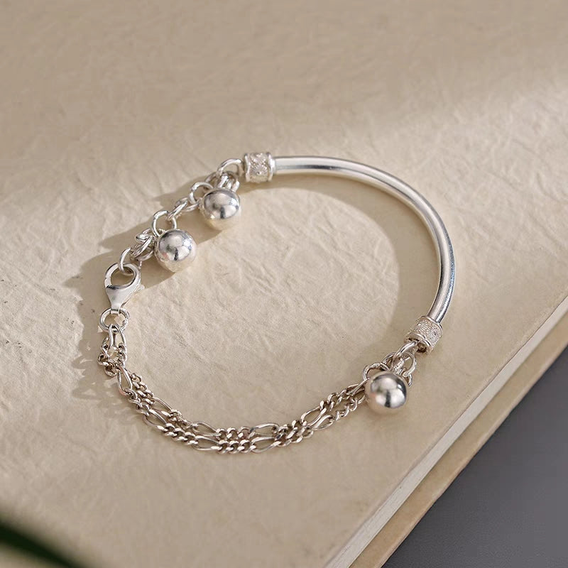 1pc 999 Sterling Silver Half-Bangle With Bead Tassel Bracelet, Minimalist Chinese Style, Perfect For Daily Wear & Valentine's Gifts