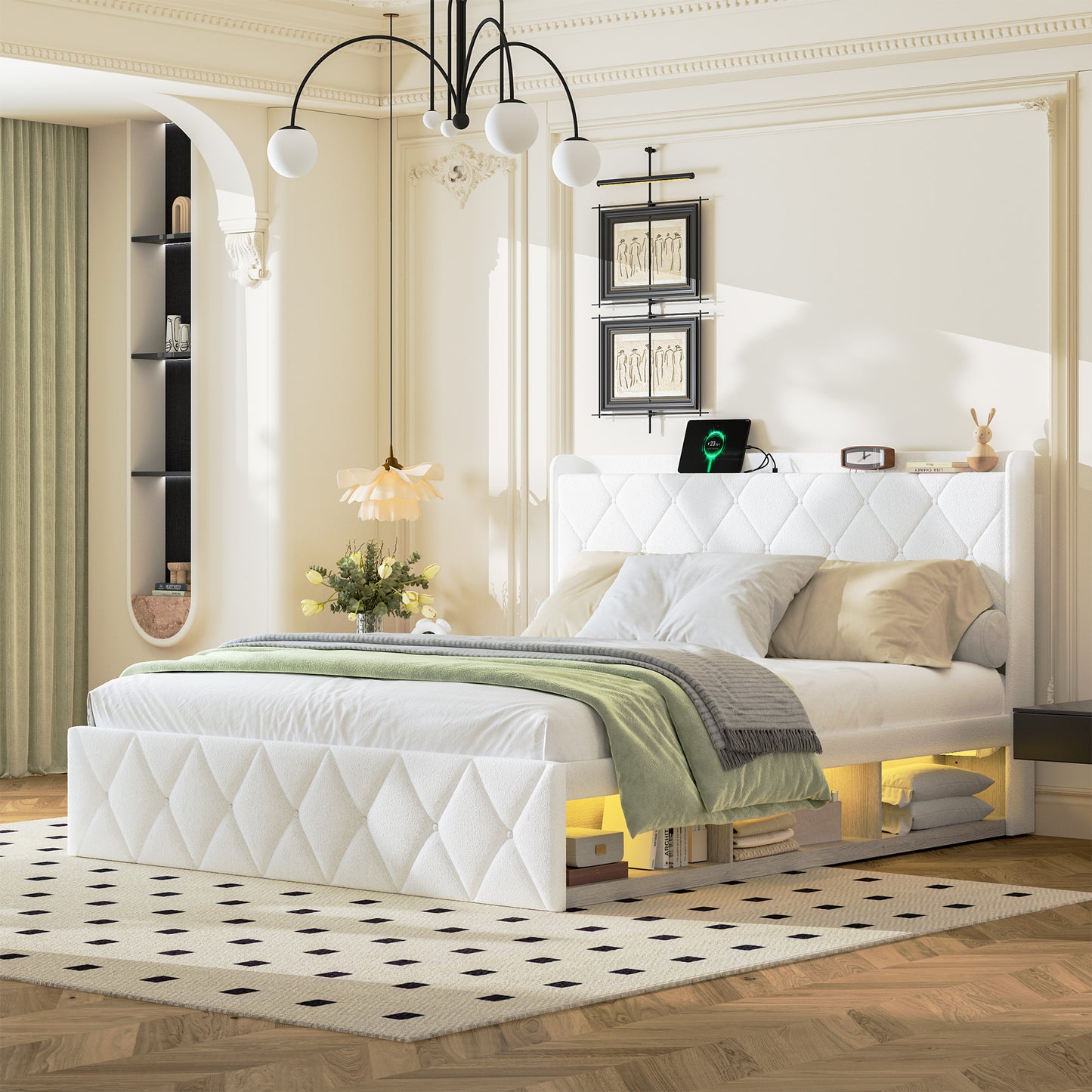 160 X 200 Cm Upholstered Bed, White Plush, Double Bed With USB Charging Function, LED Light Strips On Both Sides, Equipped With 6 Practical Drawers