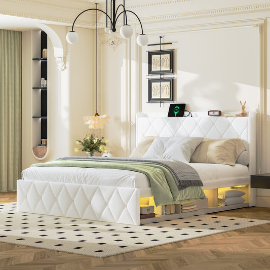 160 X 200 Cm Upholstered Bed, White Plush, Double Bed With USB Charging Function, LED Light Strips On Both Sides, Equipped With 6 Practical Drawers