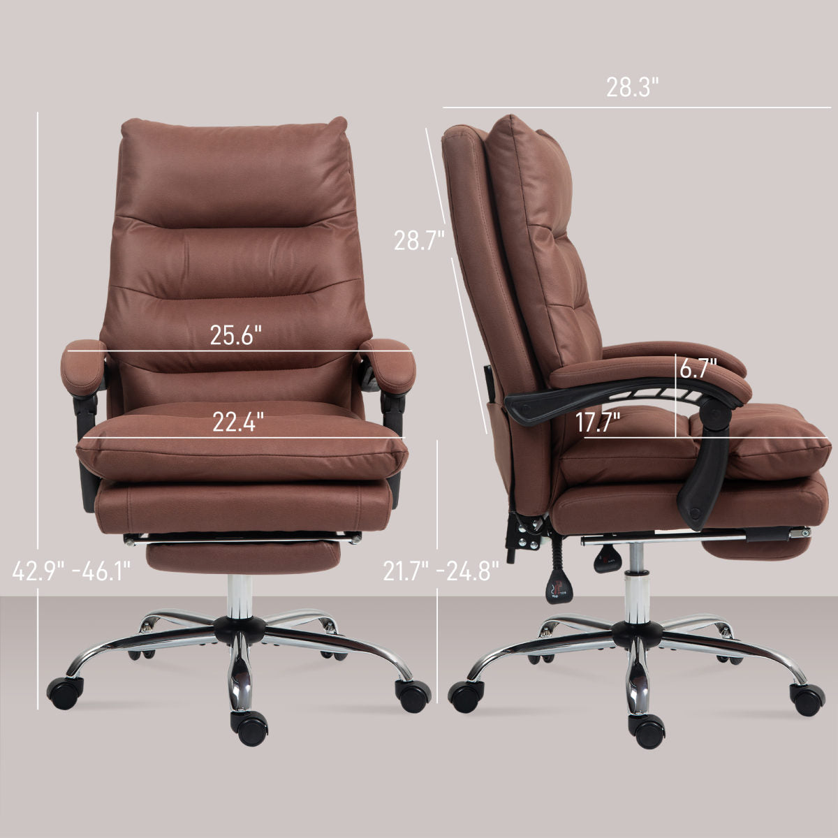 Microfibre Massage Office Chair, Heated Reclining Chair With Footrest, Double-tier Padding, Swivel Wheels, Coffee