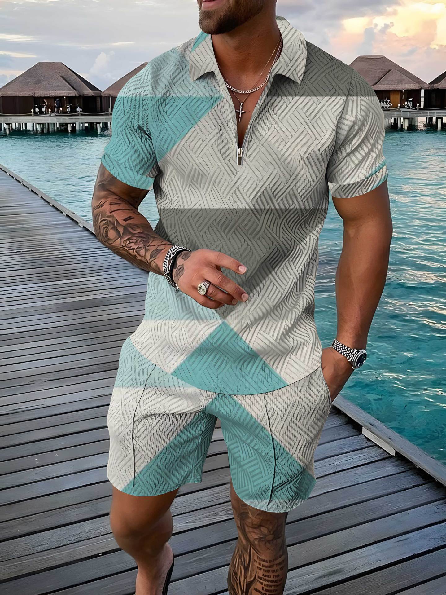 Men's Polo Shirt Summer Fashion 3D Printed Short Sleeve Geometric Zip Lapel