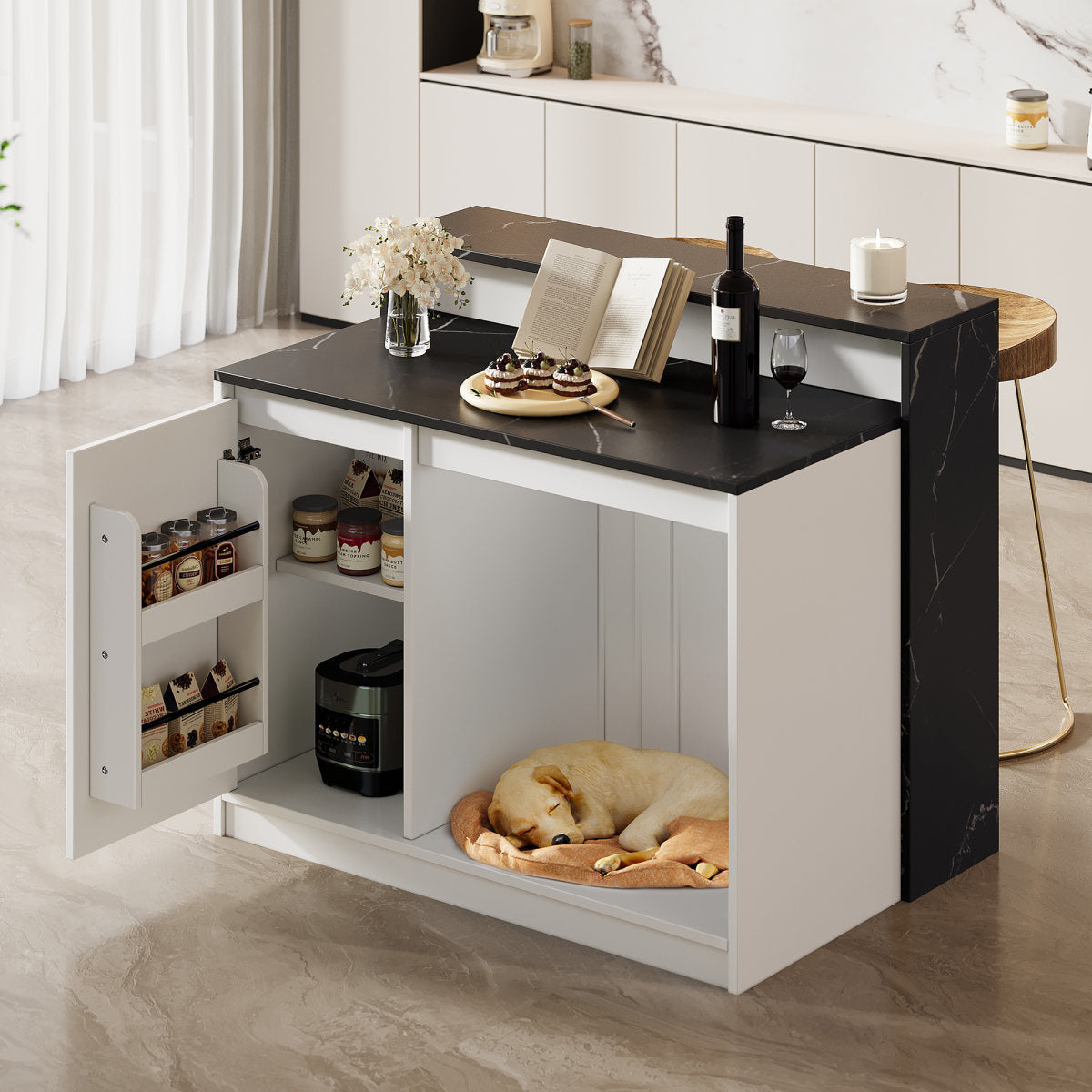 Kitchen Island, Kitchen Island With Bar Counter, Kitchen Table & Bar Counter, Multifunctional Kitchen Table, With Pet Rest Area, For Kitchen & Dining Room, White  Black Marble Look, 120x80x100cm
