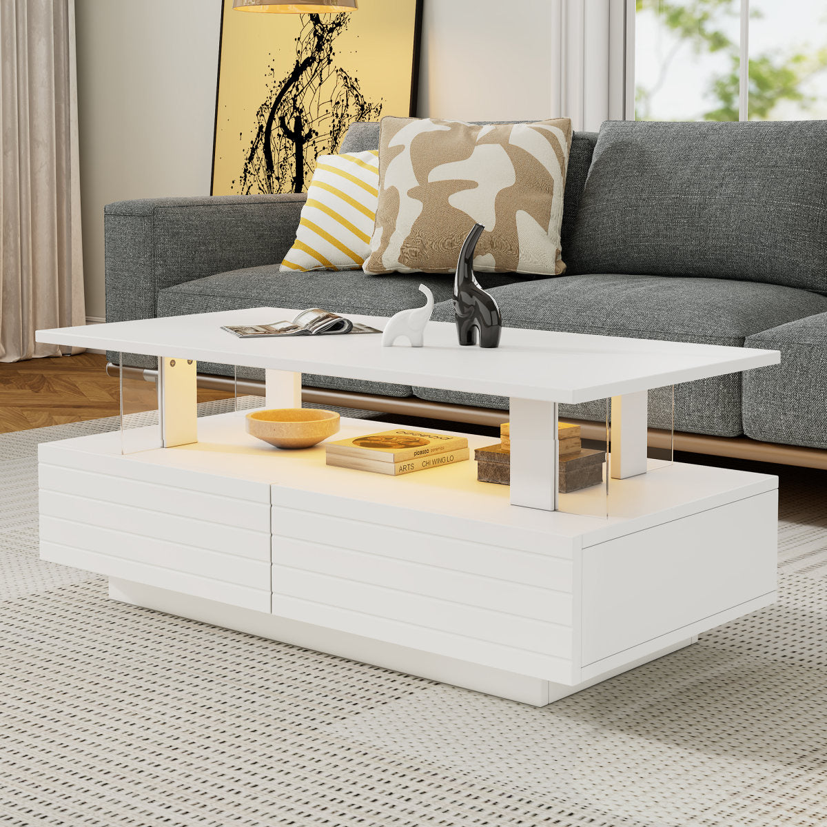 Coffee Table With Open Storage, Centre Table, Sofa Side Table With 2drawers, Rectangle Coffee End Table With LED For Living Room, Office, 100x50x42.5cm, White ,Particleboard  Acrylic