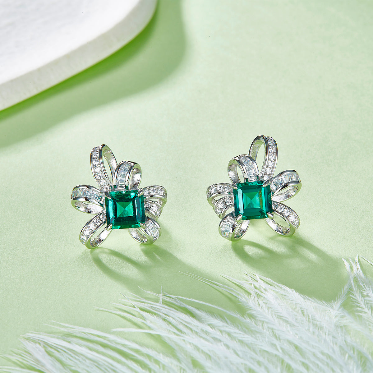 S925 Sterling Silver Bowknot Stud Earrings, 6x6mm Lab-Grown Ruby&Emerald With Mixed Pave Ribbon, Platinum Plated 3.2g Women's Jewelry Gift Box