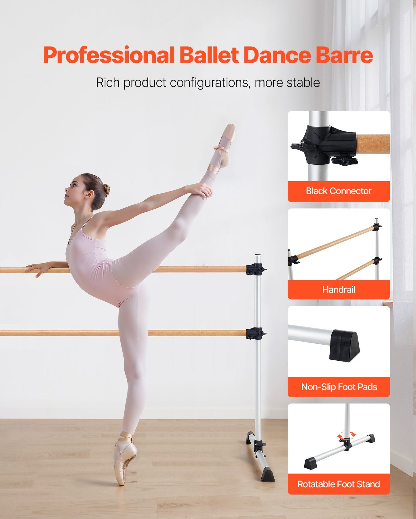 Ballet Barre, 6 Ft Double Beechwood Barre Bar For Home, Freestanding Portable Ballet Stretching Dance Bars, Height Adjustable Anti-Wobble Fitness Gym Equipment, For Pilates Balance Workout