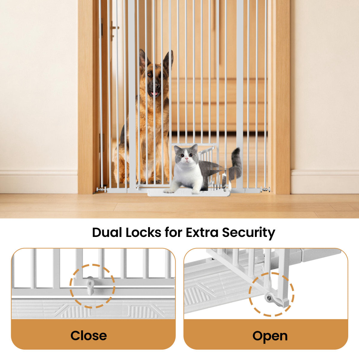 53.15  Extra Tall Cat Gate, 29.53 -40.16  Wide With Small Cat Door, Auto Close Safety Pet Gate, 1.37  Narrow Bar Spacing, NO Drilling Pressure Mount Kit For Cats And Dogs, White