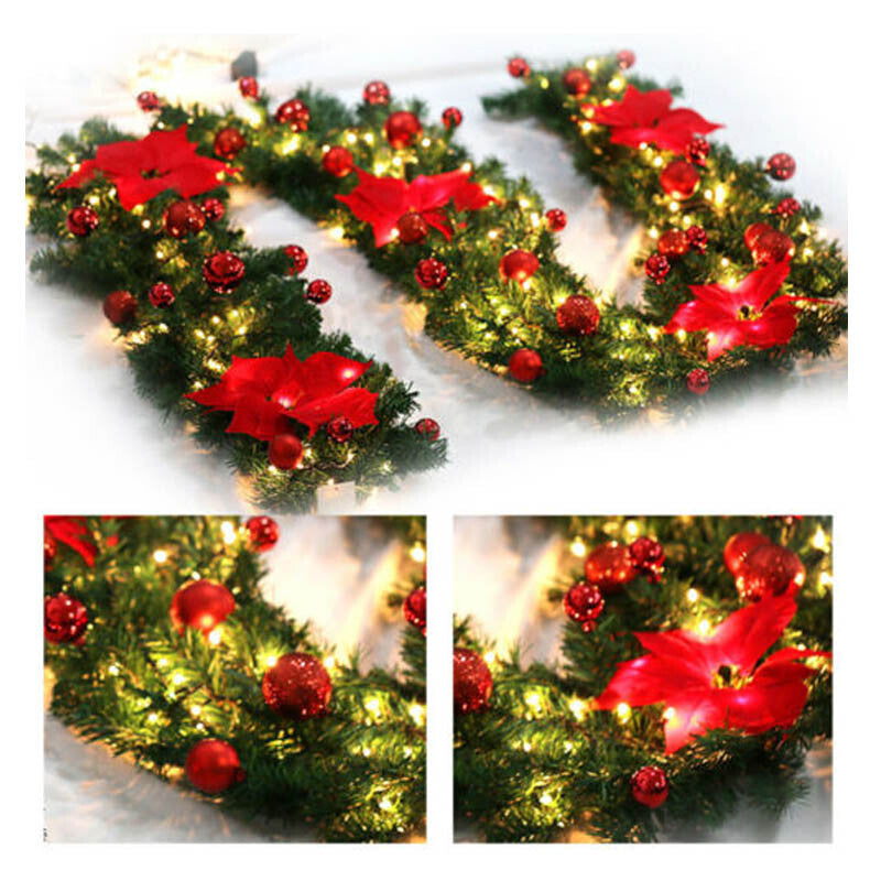 9FT Xmas Christmas Garland Artificial Wreath With LED Lights Stairs Home Rattan Red