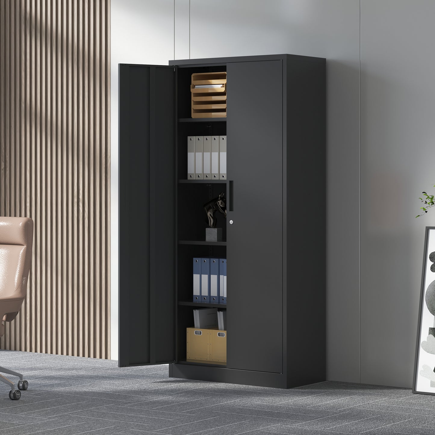 71H Metal Garage Storage Cabinet, Black Tool Steel Locking Cabinet With Doors And 4 Shelves, Tall Cabinets For Garage Storage Systems Lockable File Cabinet For Home Office, Classroom Pantry