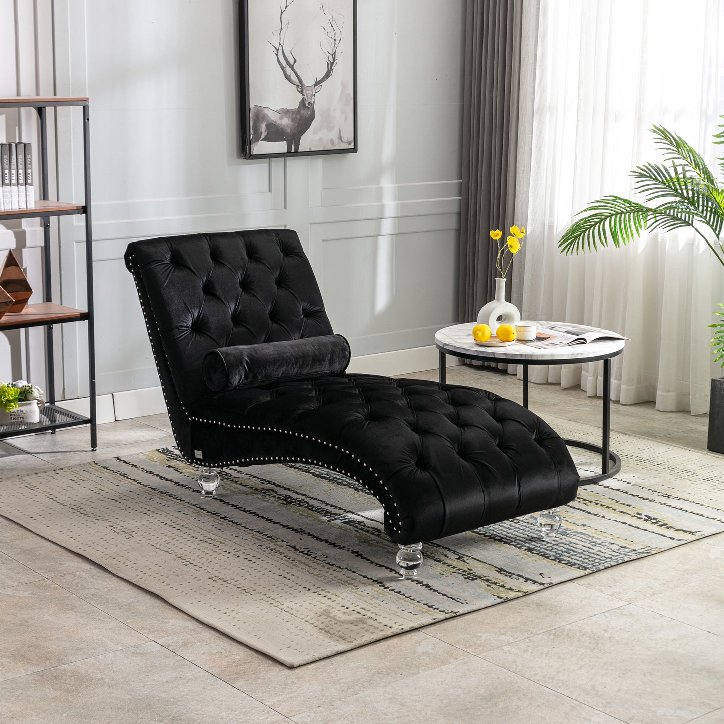Velvet Chaise Lounge Indoor,Button-Tufted Upholstered Chaise Lounge Chair With Pillow For Bedroom Living Room Office  Black Velvet