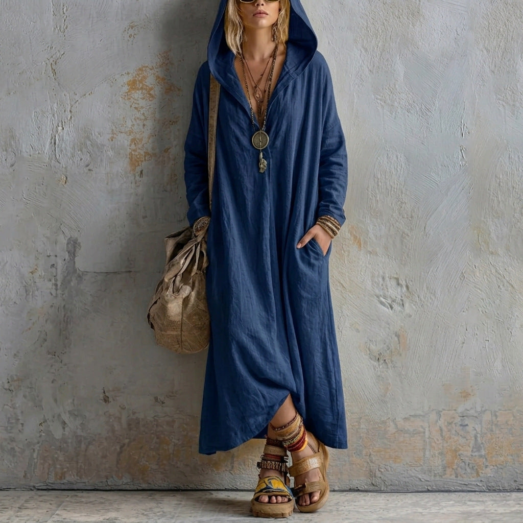 Autumn New Hooded Linen Long Dress With Long Sleeves