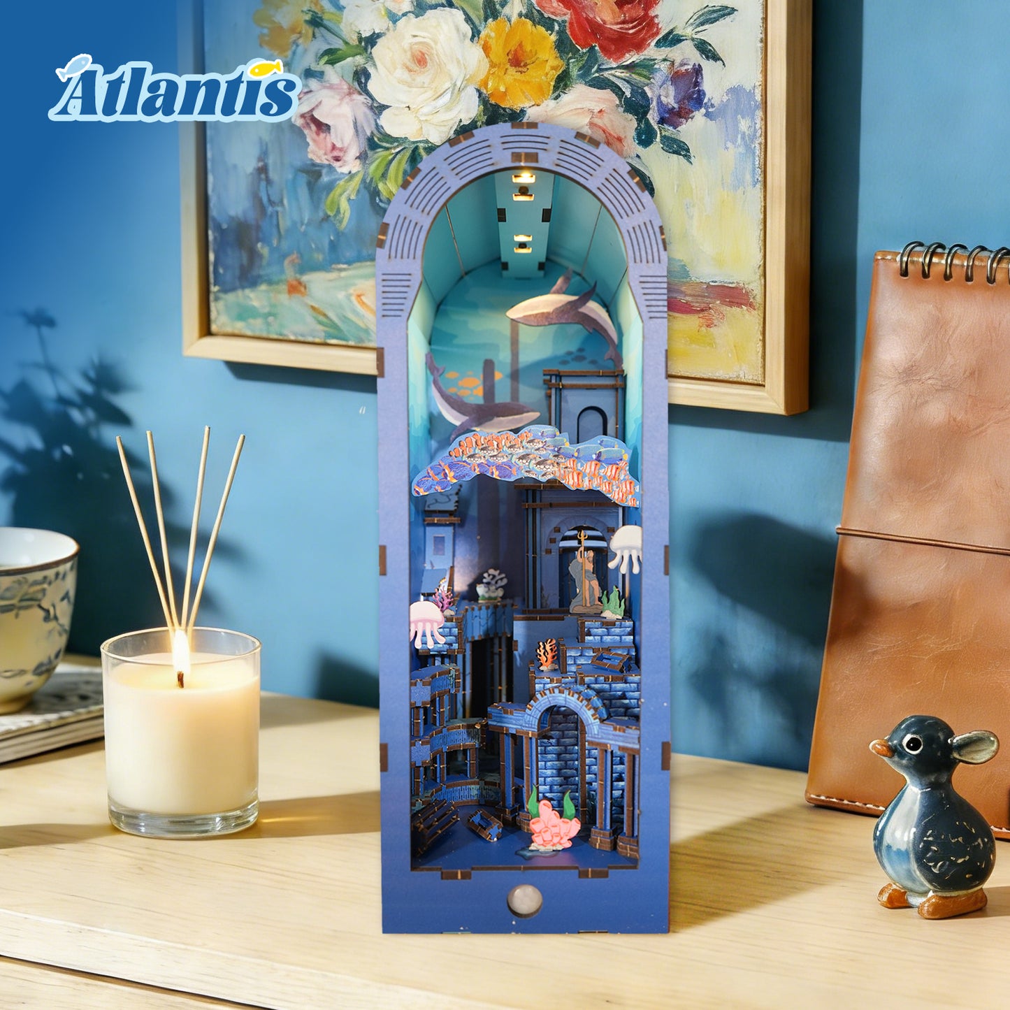 Sales Are Prohibited On The TEMU And SHEIN - 3d Wooden Puzzle For Adults Atlantis Book Nook With Lights Model Kit Dollhouse DIY Miniature House Birthday And Christmas Gifts