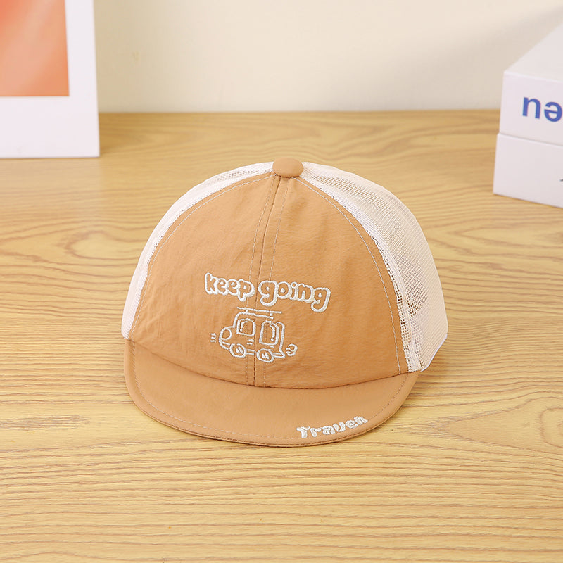 Children's Single-color Cartoon Car Embroidered And Pieced Together Net Fabric Breathable And Cool Fashion Short-brimmed Baseball Cap For Outdoor Travel