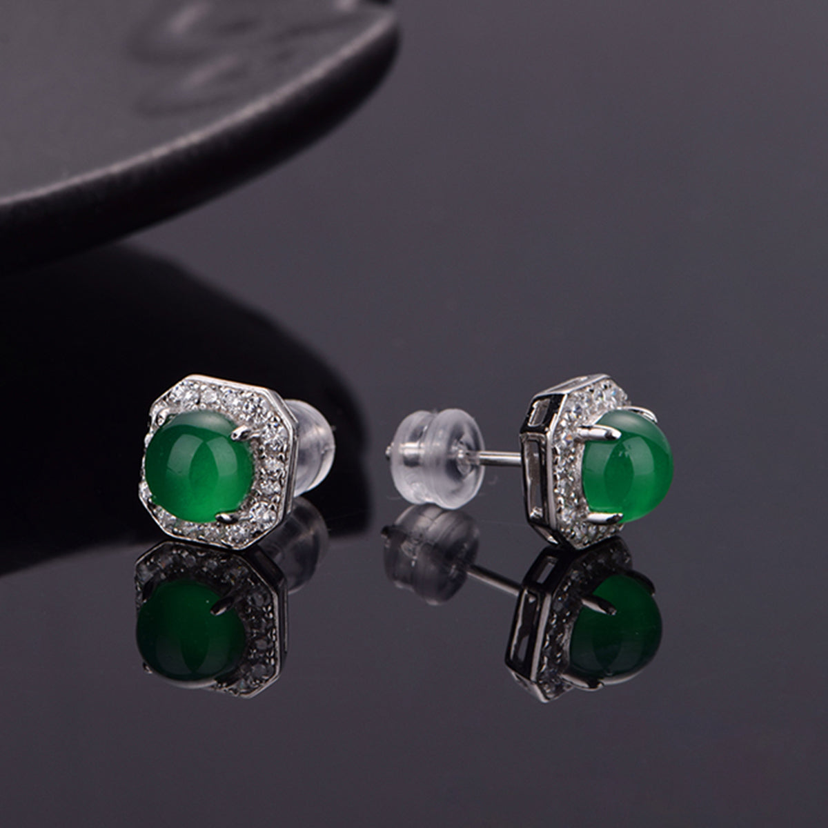 S925 Sterling Silver Octagon Halo Stud Earrings, 6mm Round Green Chrysoprase, Platinum Plated 2.3g, Elegant Women's Jewelry With Gift Box Set