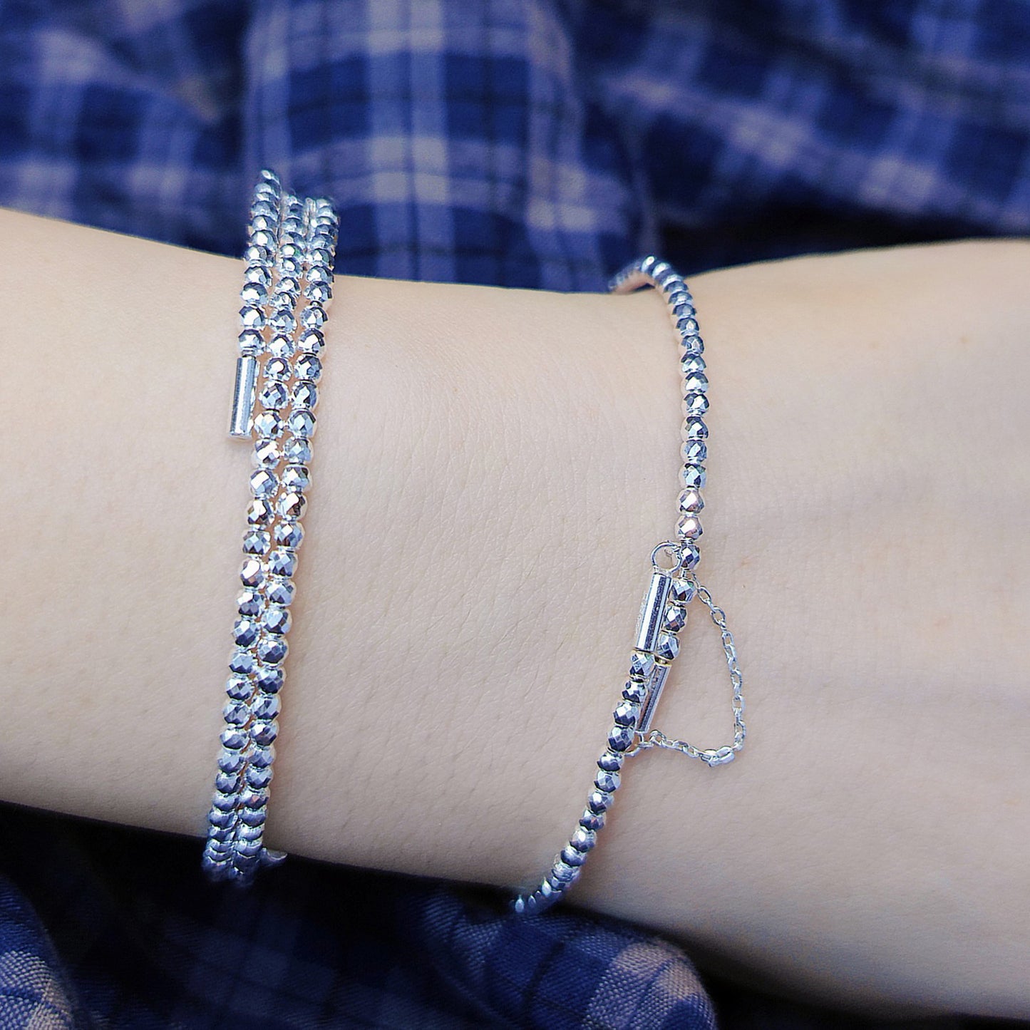 1pc 999 Sterling Silver Triple-Layer Laser Bead Stretch Bracelet, Sparkly Minimalist Style, Perfect For Daily Wear And Valentine's Gift