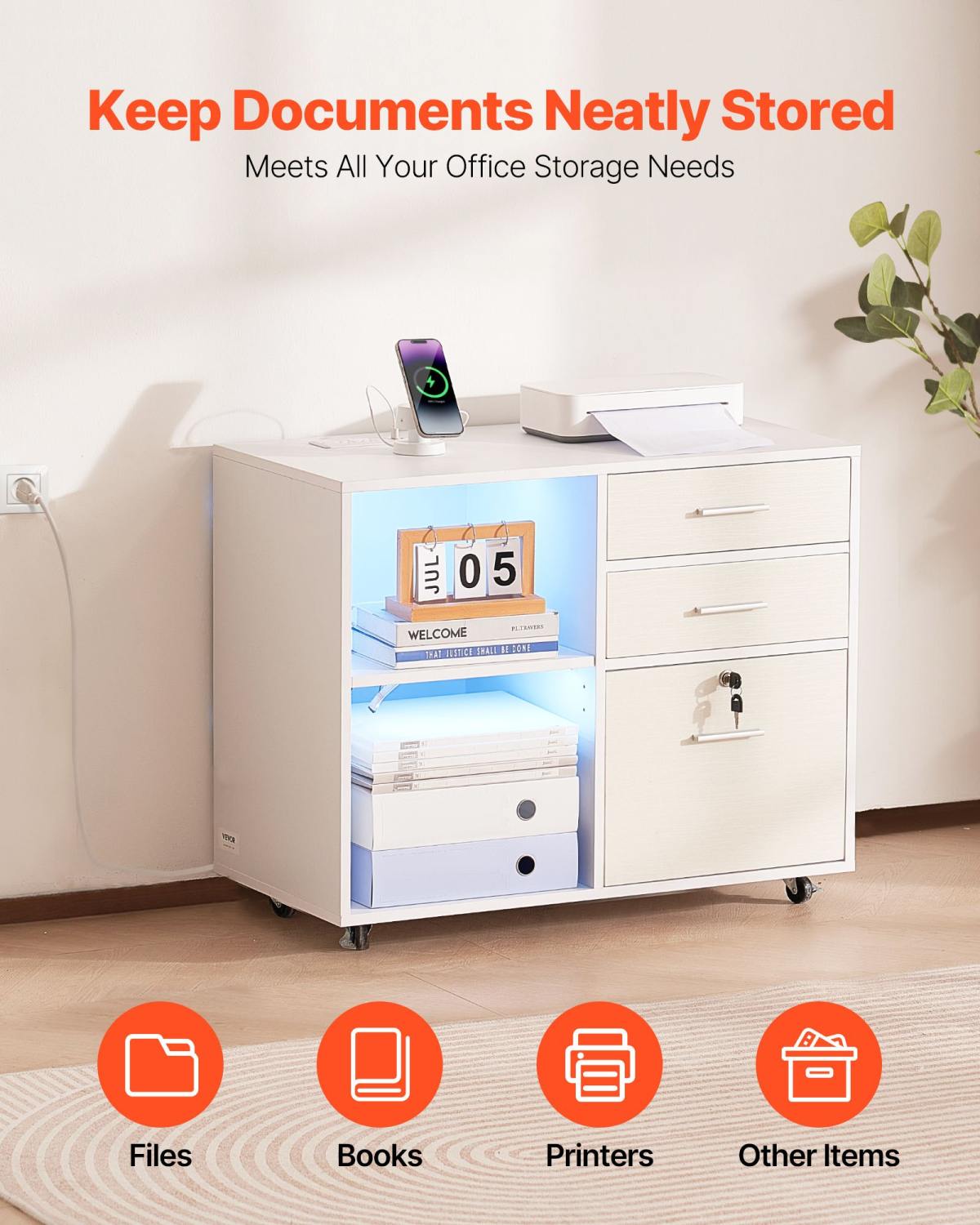 3 Drawer Wooden File Cabinet Mobile Filing Cabinet With Light Strip White