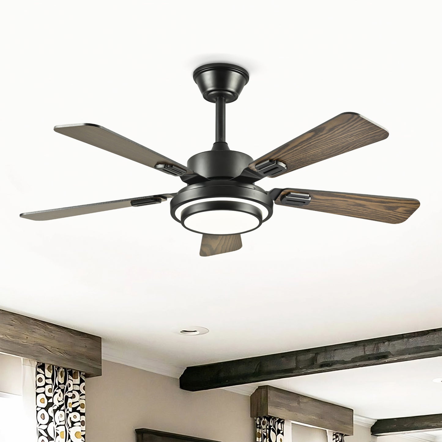42  5PCS  Plywood Blades Ceiling Fan With LED  Light 3000-6500K Dimmable,Quiet DC Motor  Ceiling Fans 6 Speed Levels,Reversible Ceiling Fan,for Patio Living Room, Bedroom, Office,Indoor. Matte Black