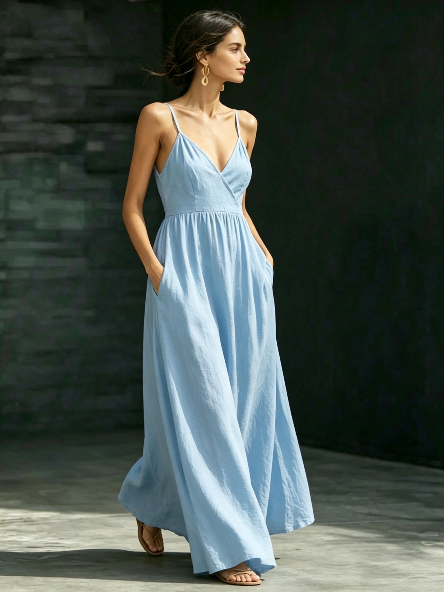 Summer V-Neck Spaghetti Strap Maxi Dress With Pockets - Elegant Vacation & Office Wear For Women
