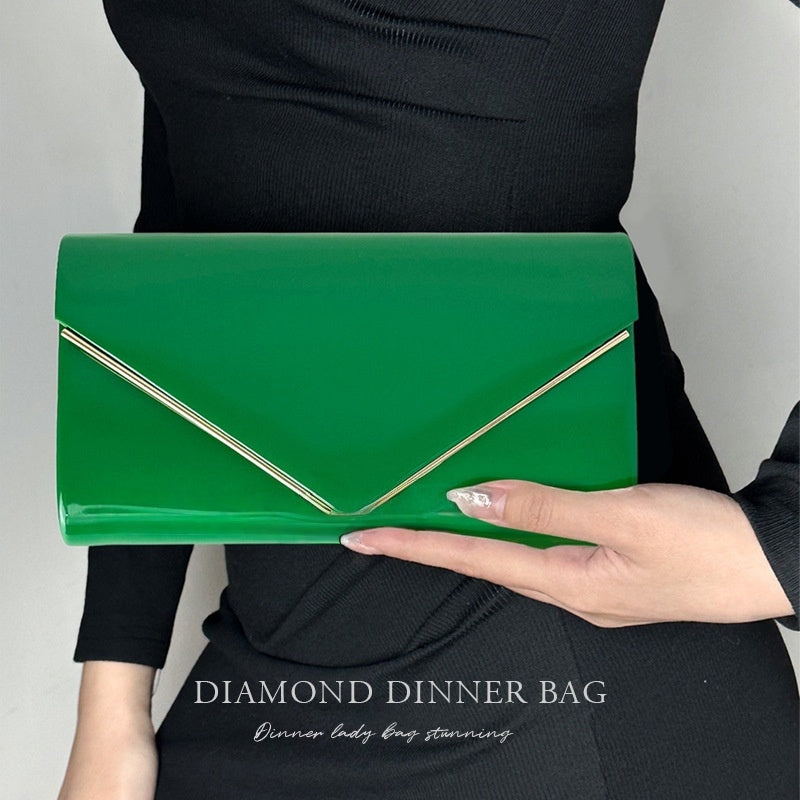 New European And American Style Minimalist Metallic V Chain Patent-leather Clutch, Exuding Elegance And The Perfect Choice For Weddings And Formal Occasions