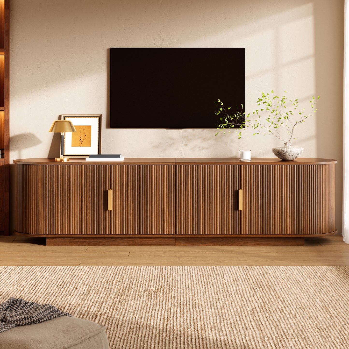TV Cabinet, Lowboard, Wave Structure, Chipboard MDF Body, Metal Handles, 4 Doors, Spacious Storage Space