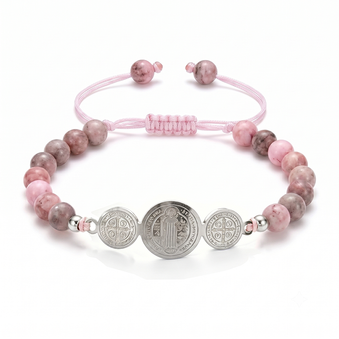 St. Benedict Medal Protection Bracelet - 18K Gold Plated Stainless Steel Natural Tiger's Eye Rhodonite Stone Beads - Adjustable Religious Gift For Men Women