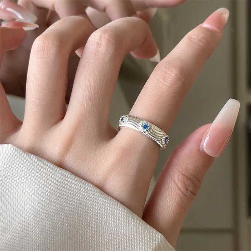 1pc 999 Sterling Silver Brushed Blue Zircon Band Ring, Retro & Elegant Style, Perfect For Daily, Dating & Gifting, Ideal Valentine's Gift