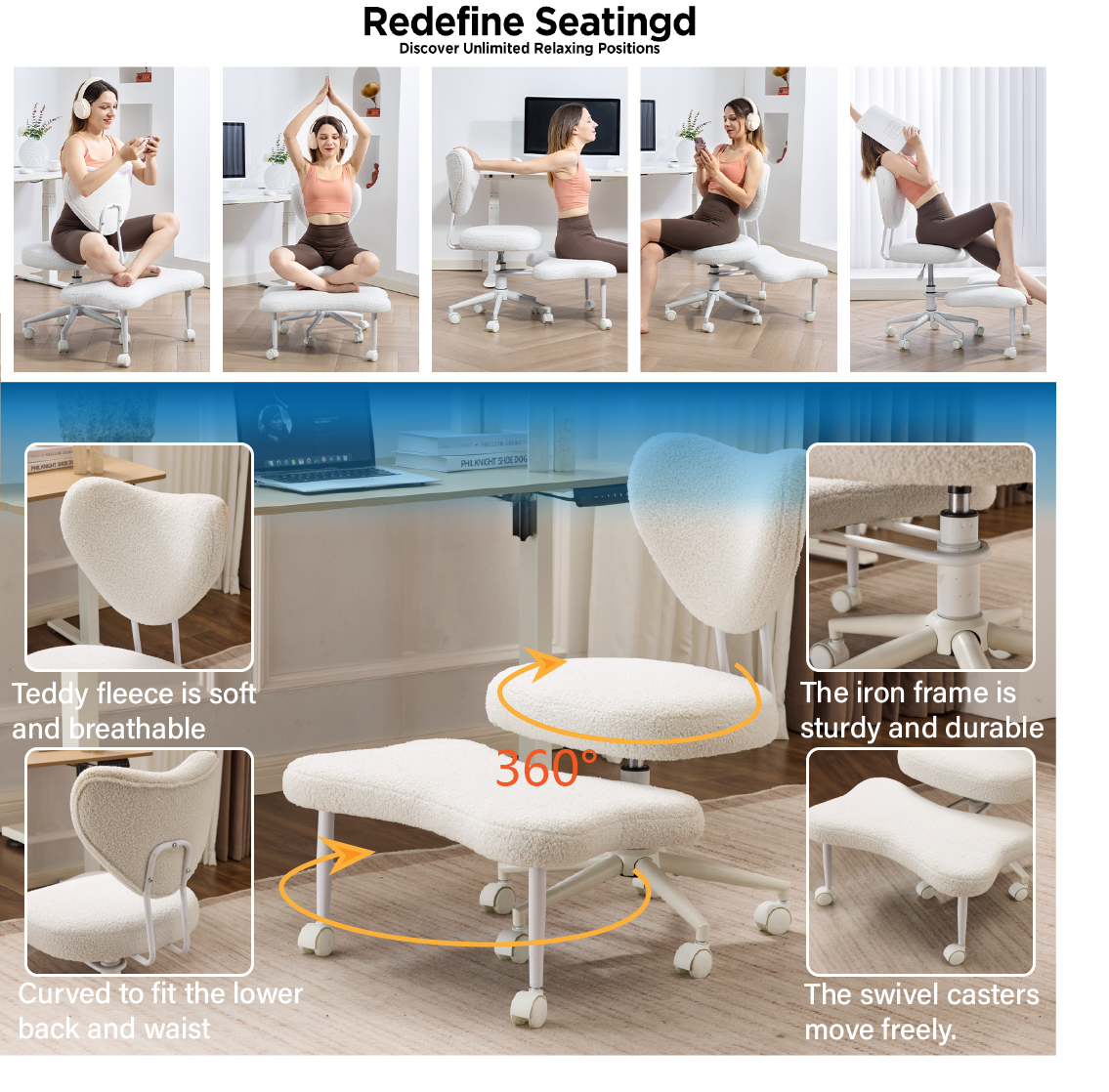 Meditation Chair, An Ergonomic Cross-legged Seating Chair With Lumbar Support And A Height-adjustable Seat Cushion, Ideal For People Engaged In High-intensity Office Work. Beige