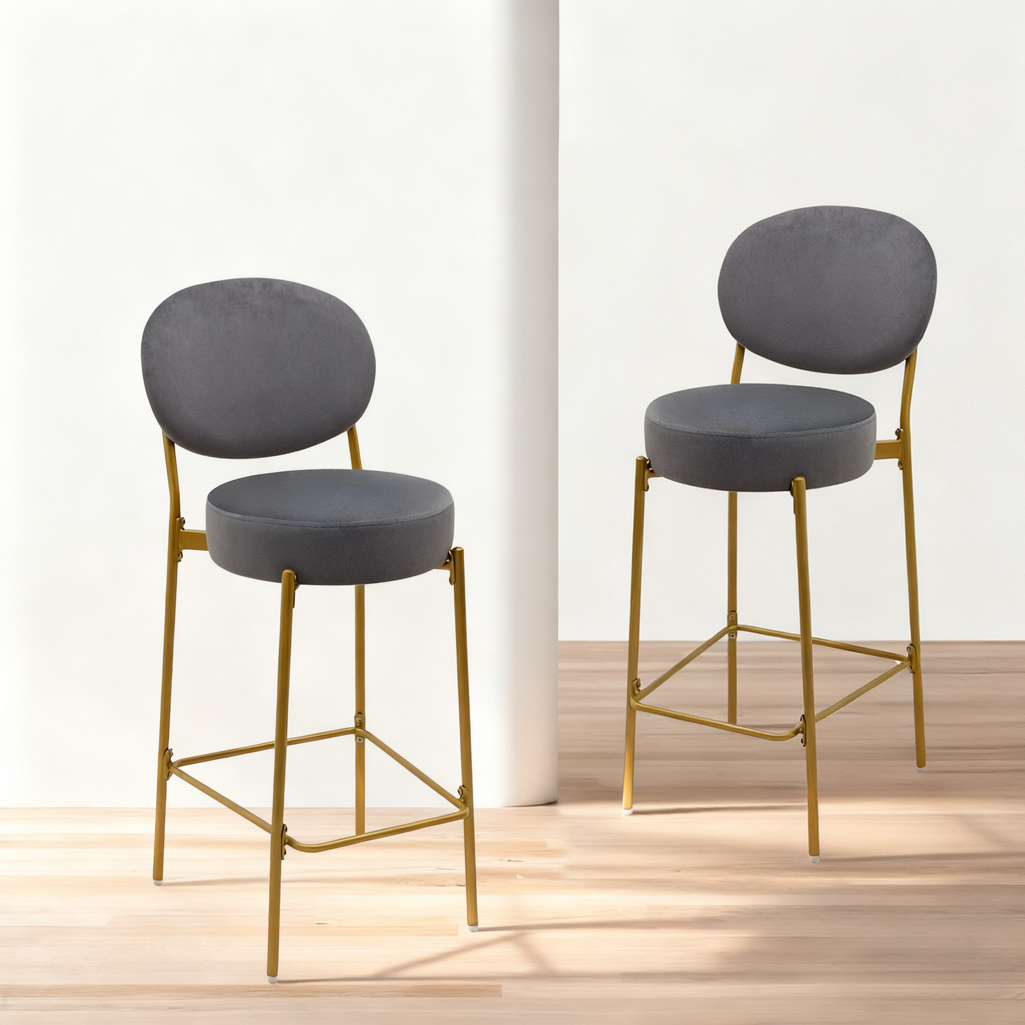 Set Of 2 Velvet Upholstered Bar Stools Round Counter Stool With Backrest & Footrest Dining Chairs For Kitchen Island  Gray