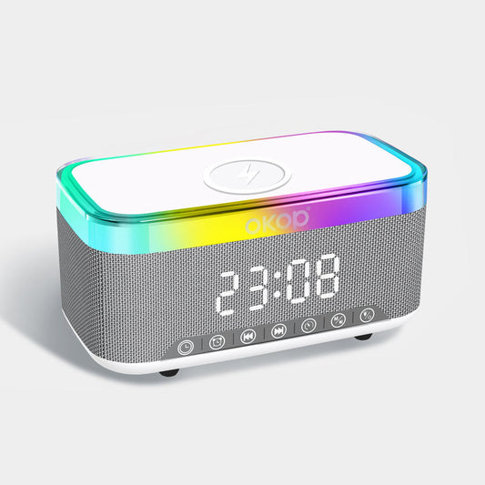 KP-559 15W Wireless Charging Clock Alarm Clock RGB Ambient Light White Noise Desktop Bluetooth Speaker