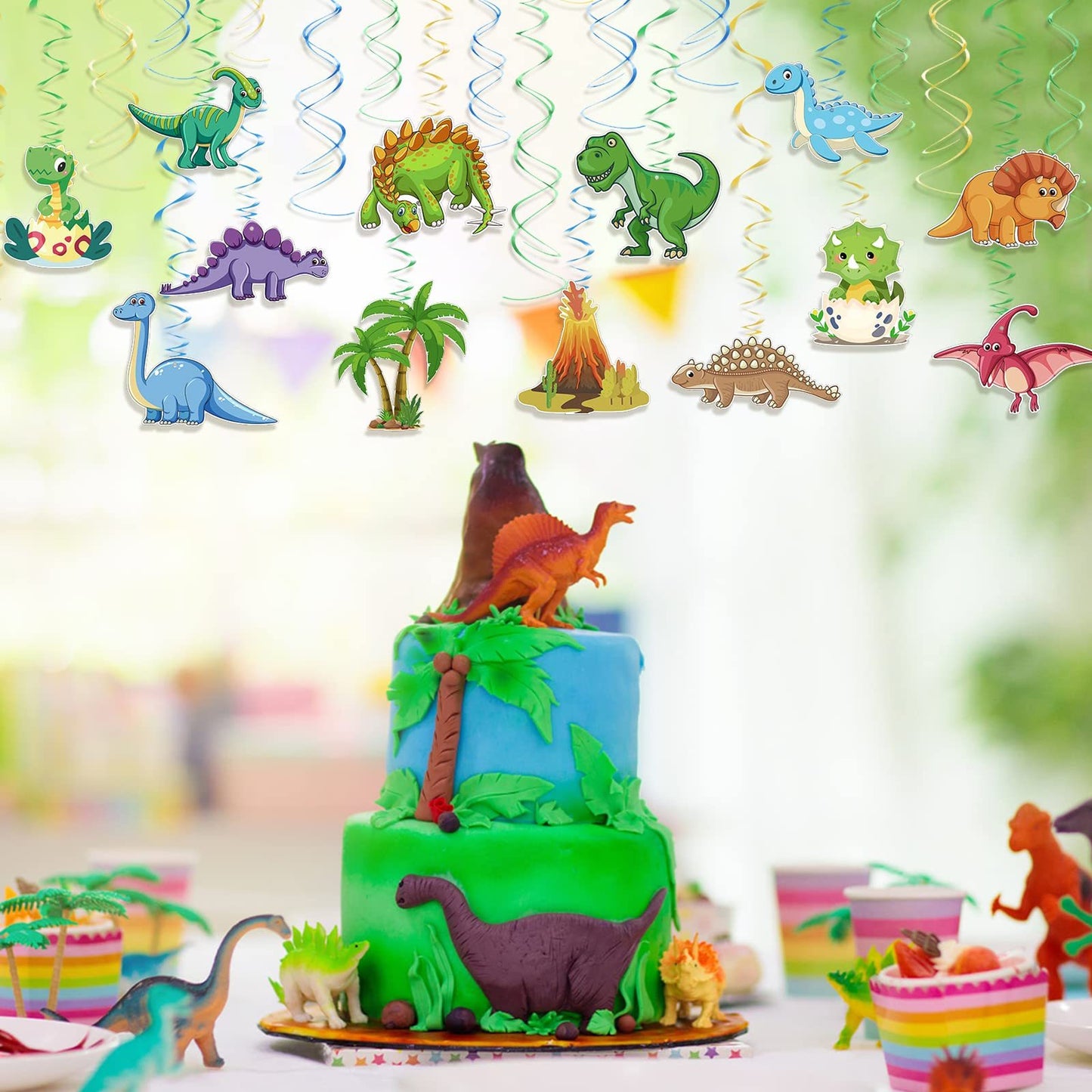 30-Piece Dinosaur Decorative Garland - Themed Jungle Party Decor With Spiral-Shaped Elements - Party Supplies Set