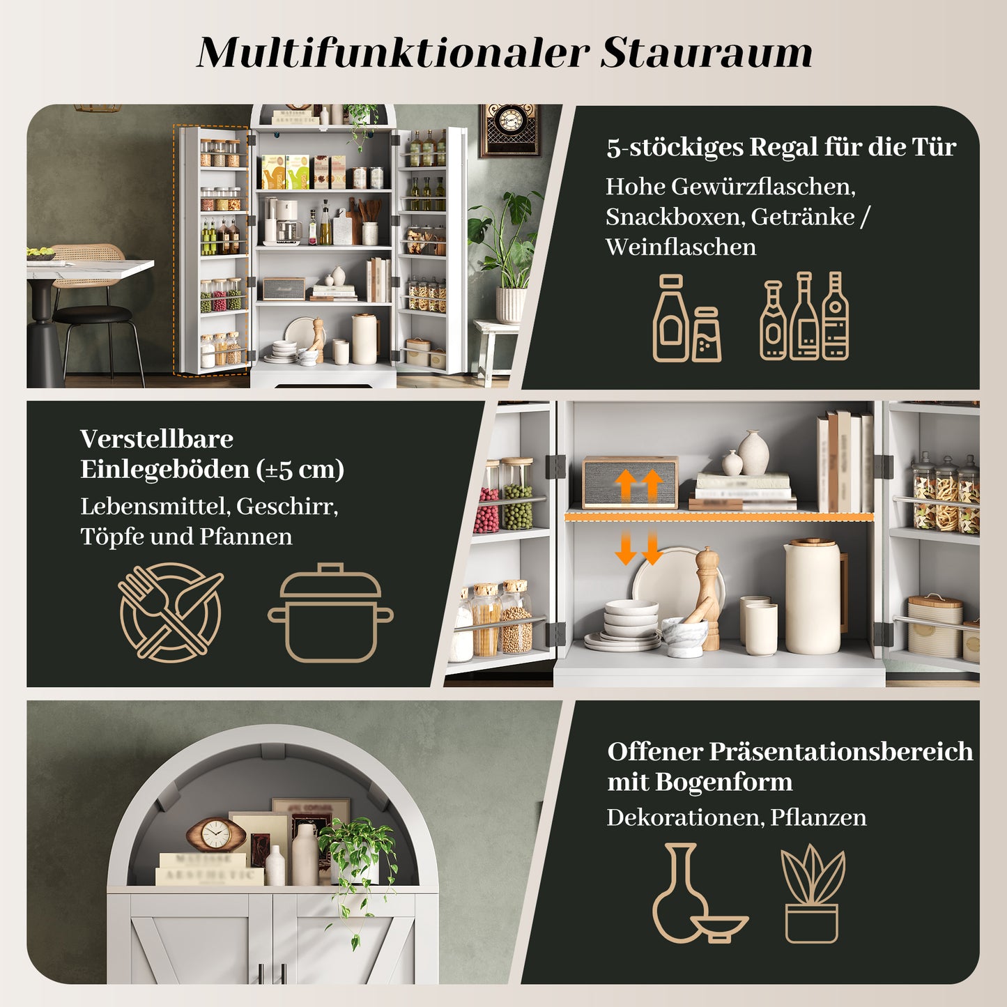 165x70x40cm High, Domed Cabinet, Kitchen Cabinet, Display Cabinet, Wine Cabinet, With Shelf Above The Door And Open Top Suitable For Kitchen, Dining Room, Living Room And Bedroom White
