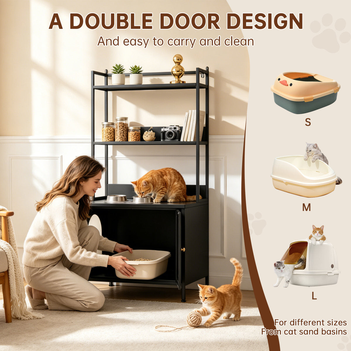 Metal Cat Litter Box Enclosure, 57  Tall Hidden Litter Box Cabinet With 3 Tier Storage Shelves, Large Indoor Cat House With Doors & 4 S-Hooks, Odor Control Pet Washroom Furniture For Large Cats, Black